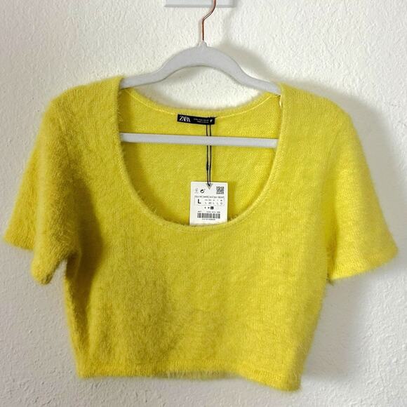 Zara Fuzzy Yellow Cropped Sweater Size Large NWT Scoop Neck Spring Faux Mohair - Picture 1 of 13